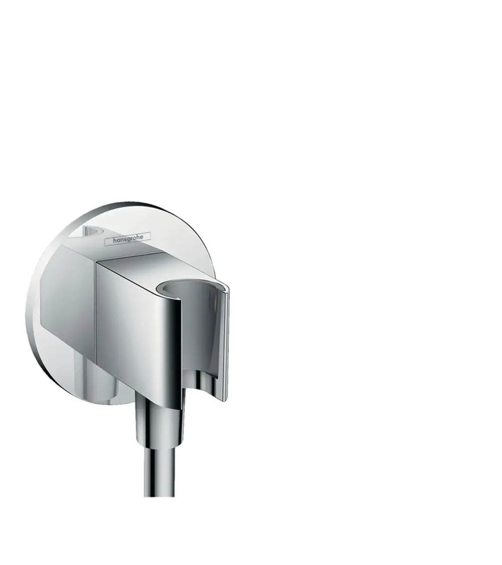 Wandanschluss mit Halter für Brause von Hansgrohe, aus verchromtem Material, mit runder Wandplatte und montiertem Schlauchanschluss.